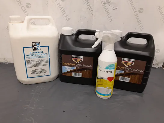 4 ASSORTED PRODUCTS TO INCLUDE MGC HALOPHANE BONDING SOLUTION 5-LITRE, BARTOLINE CREOCOTE DARK BROWN OIL-BASED TIMBER TREATMENT 4-LITRE