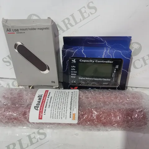 LOT OF APPROXIMATELY 10 ASSORTED HOUSEHOLD ITEMS TO INCLUDE CELLMETER 7 CAPACITY CONTROLLER, ALL USE MAGNETIC MOUNT HOLDER, HIGH DEFINITION RUBBER ROLLERS, ETC