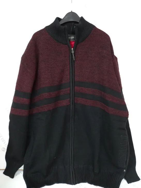 KAM JEANS FULL ZIP THRU STRIPE MARL CARDIGAN CHECK FLEECE IN BLACK/RED - 4XL