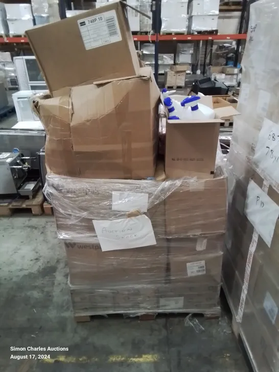 MIXED PALLET OF CLEANING AND COMMERCIAL KITCHEN PRODUCTS TO INCLUDE, SPRAY BOTTLES, MULTI PURPOSE CLOTHS, PAPER TOWEL DISPENSER, COFFEE CUP LIDS, TAKE AWAY FOOD BOXES ETC.