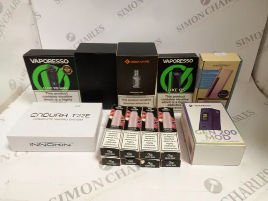 BOX OF APPROXIMATELY 30 ASSORTED VAPING KITS & DISPOSABLE VAPES IN VARIOUS FLAVOURS & BRANDS TO INCLUDE VAPORESSO, GEEK VAPE, INNOKIN ETC 