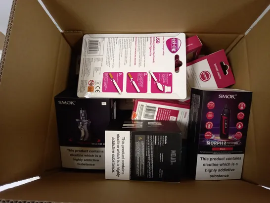 BOX OF APPROXIMATELY 21 E-CIGARETTES TO INCLUDE EZI-CIG USB RECHARGABLE ELECTRONIC NICOTINE CIGARETTE, SMOK MORPHS POD-80 KIT, VOOPOO MOJO R, ETC