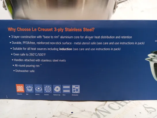 BOXED LE CREUSET 3-PLY STAINLESS STEEL CHEFS PAN 