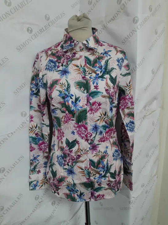 HAWES & CURTIS FITTED BIRD TROPICAL BLOUSE IN CREAM/PINK SIZE 10