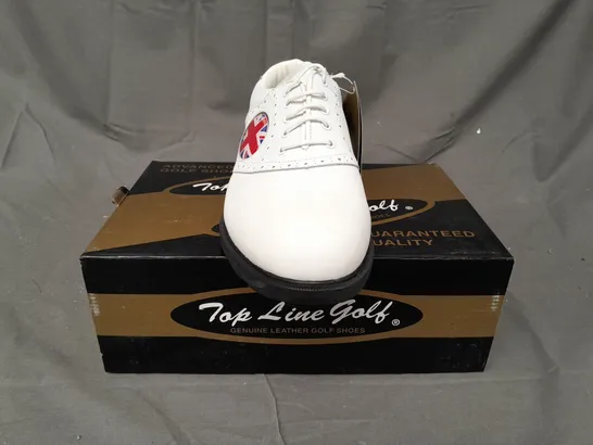 BOX OF APPROXIMATLY 10 BOXED PAIRS OF WHITE/WHITE TOP LINE GOLF SHOES IN VARIOUS SIZES