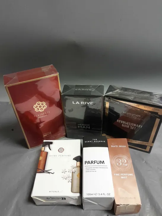 BOX OF APPROXIMATELY 6 ASSORTED BOXED FRAGRANCES TO INCLUDE - THE SCENT RESERVE - REVOLUTION EAU DE TOILETTE & BODY MIST SET - RUE BROCA PENTHOUSE VERSAILLES- ETC