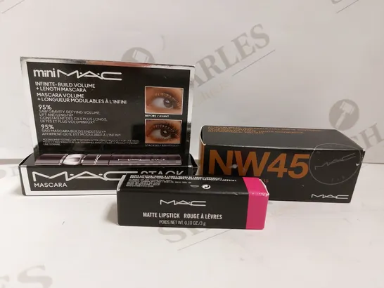 BOX OF 3 M.A.C MAKE UP ITEMS TO INCLUDE M.A.C STACK MASCARA, M.A.C MATTE LIPSTICK, M.A.C STUDIO FIX