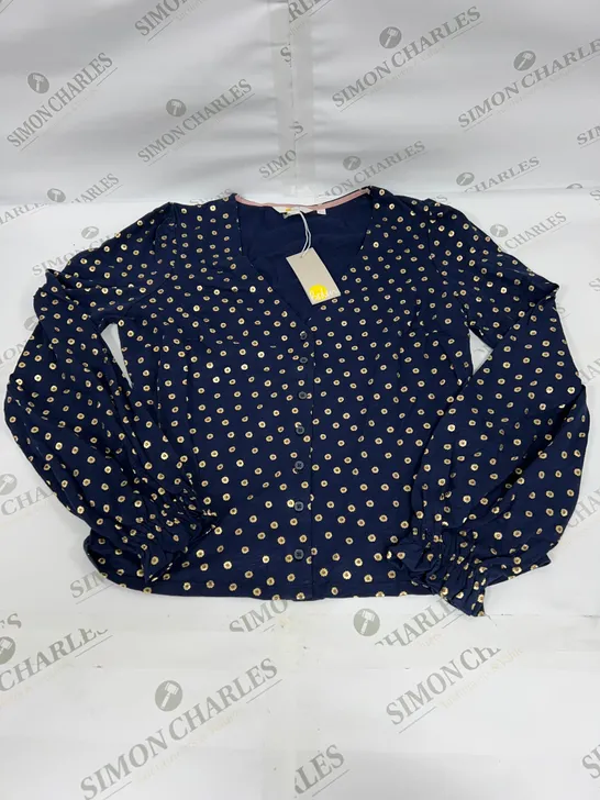 BODEN V NECK BUTTONED TOP WITH GOLD FLORAL PATTERN IN NAVY SIZE 12