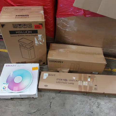 PALLET OF ASSORTED ITEMS INCLUDING: ELECTRIC CLOTHES DRYER, SENSOR MOTION RECYCLING BIN, LED FLOOR LAMP, LED CEILING LIGHT, AIR FRYER ECT