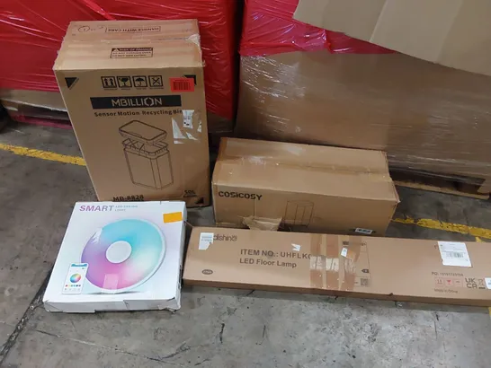 PALLET OF ASSORTED ITEMS INCLUDING: ELECTRIC CLOTHES DRYER, SENSOR MOTION RECYCLING BIN, LED FLOOR LAMP, LED CEILING LIGHT, AIR FRYER ECT