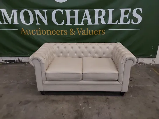 DESIGNER 2 SEATER CHESTERFIELD STYLE LEATHER SOFA IN IVORY