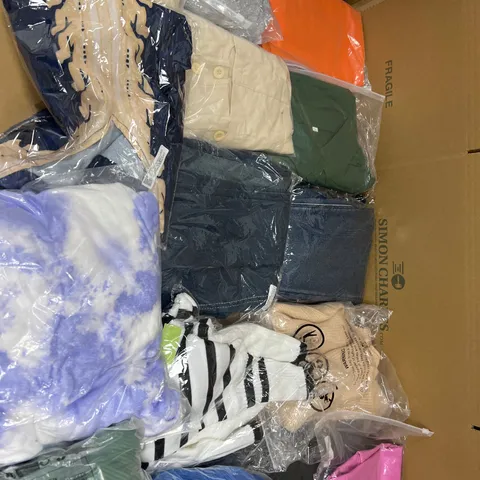 LARGE BOX OF ASSORTED BAGGED CLOTHING OF VARIOUS STYLES AND SIZES 