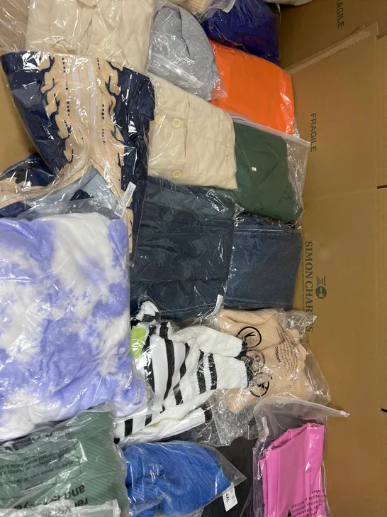 LARGE BOX OF ASSORTED BAGGED CLOTHING OF VARIOUS STYLES AND SIZES 