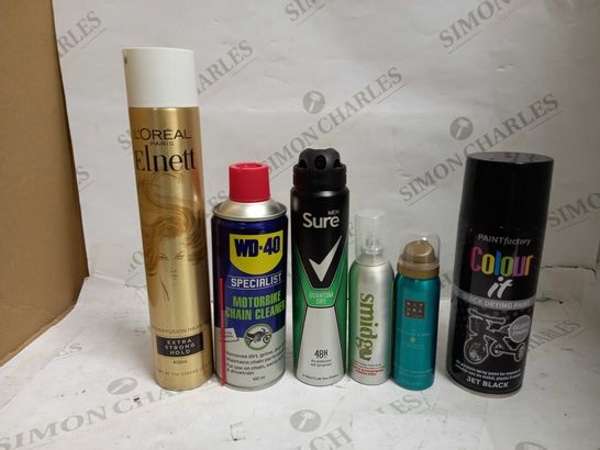 LOT OF APPROXIMATELY 20 AEROSOLS & SPRAYS, TO INCLUDE PAINT, CHAIN CLEANER, HAIRSPRAY, ETC