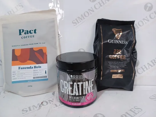 APPROXIMATELY 5 ASSORTED FOOD & DRINK ITEMS TO INCLUDE GUINNESS 232 COFFEE, WARRIOR CREATINE IN BLAZIN BERRY FLAVOUR, PACT COFFEE FAZENDA REIS, ETC