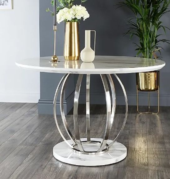 BOXED SAVOY ROUND WHITE MARBLE & CHROME 120CM DINING TABLE (3 BOXES)