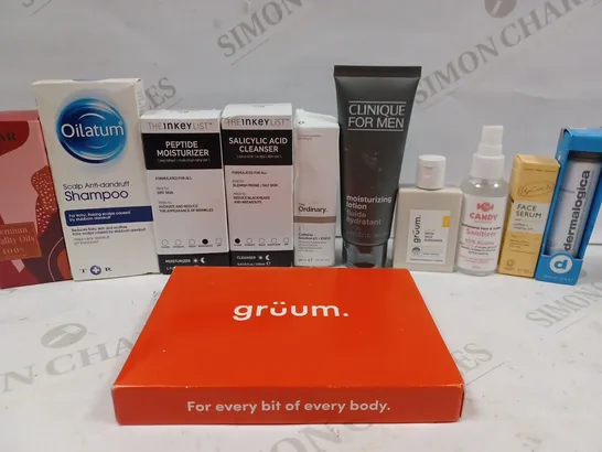 BOX OF APPROX 10 ASSORTED BEAUTY PRODUCTS TO INCLUDE CLINIQUE FOR MEN MOISTURIZING LOTION, UPCIRCLE FACE SERUM, DERMALOGICA CLEANSE, ETC 