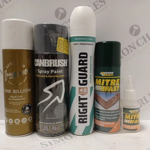 BOX OF APPROX 10 ASSORTED AEROSOLS TO INCLUDE CANBRUSH SPRAY PAINT, RIGHT GUARD DEODORANT, EVER BUILD MITRE FAST, ETC 