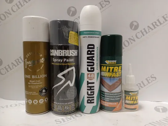 BOX OF APPROX 10 ASSORTED AEROSOLS TO INCLUDE CANBRUSH SPRAY PAINT, RIGHT GUARD DEODORANT, EVER BUILD MITRE FAST, ETC 