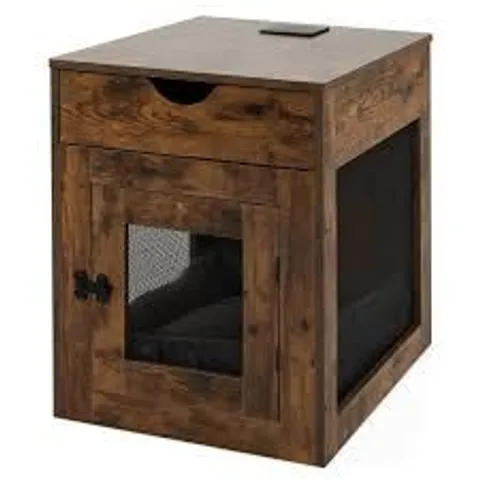 BOXED DOG CRATE FURNITURE DECORATIVE DOG KENNEL END TABLE W/ DRAWER LOCKABLE DOOR - BROWN