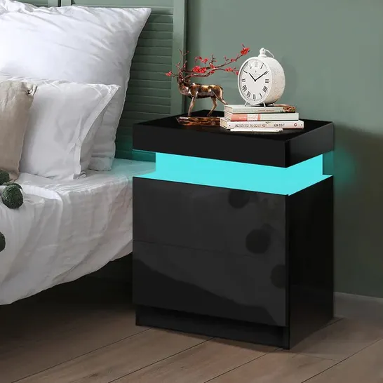 BOXED BEDSIDE TABLE RGB LED NIGHTSTAND 2 DRAWERS 4 SIDE HIGH GLOSS BLACK