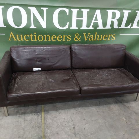 DESIGNER FIXED THREE SEATER SOFA BROWN LEATHER 