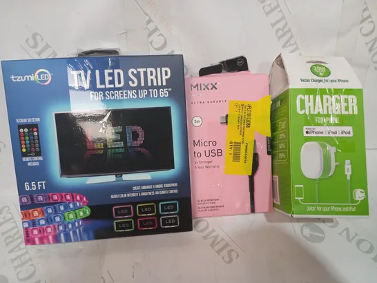 LOT OF APPROXIMATELY 20 ASSORTED HOUSEHOLD ITEMS TO INCLUDE TZUMI TV LED STRIP, MIXX ULTRA DURABLE MICRO TO USB CABLE, DESIGNER CHARGER FOR IPHONE, ETC