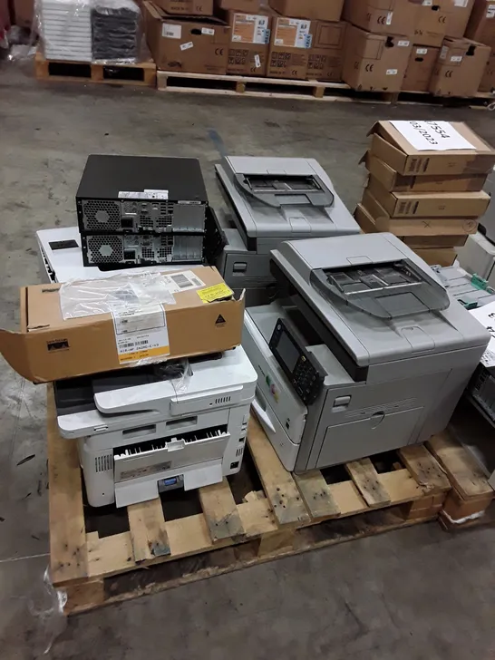 PALLET OF ASSORTED OFFICE EQUIPMENT INCLUDING PRINTERS, DESKTOPS AND ROUTE