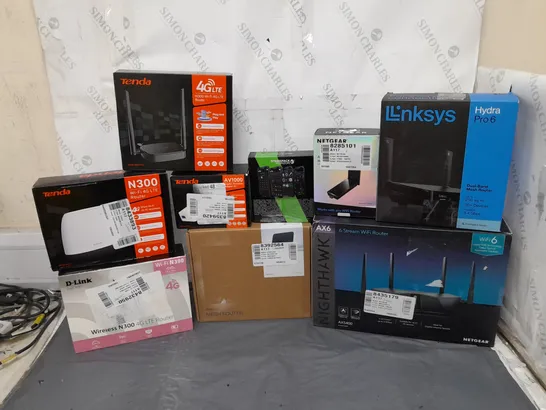 LARGE BOX OF ASSORTED HOME NETWORKING PRODUCTS TO INCLUDE TENDA, LINKSYS, AND NETGEAR ETC.