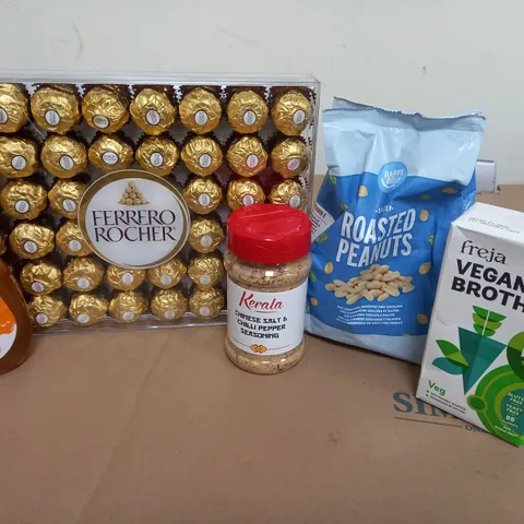 APPROXIMATELY 20 FOOD AND DRINK ITEMS TO INCLUDE NOODLES, FERRERO ROCHER CHOCOLATES AND ROASTED PEANUTS