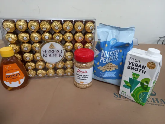 APPROXIMATELY 20 FOOD AND DRINK ITEMS TO INCLUDE NOODLES, FERRERO ROCHER CHOCOLATES AND ROASTED PEANUTS