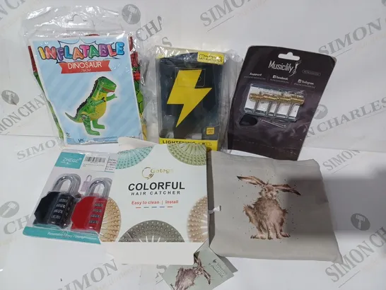 APPROXIMATELY 15 ASSORTED HOUSEHOLD ITEMS TO INCLUDE INFLATABLE DINOSAUR, LIGHTNING PHONE CHARGER, COMBINATION LOCKS, ETC