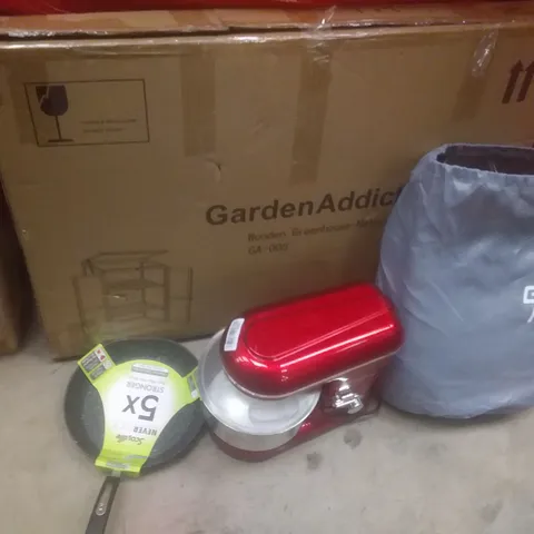 PALLET OF ASSORTED ITEMS INCLUDING WOODEN GREENHOUSE, AIR BED, PAPER SHREDDER, NON STICK PAN