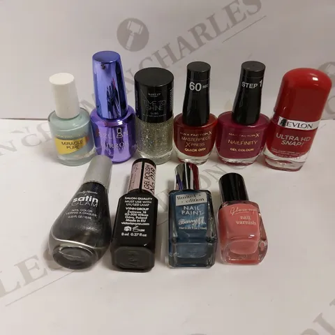 BOX OF APPROX 10 NAIL ITEMS TO INCLUDE MAX FACTOR XPRESS QUICK DRY, MAX FACTOR GEL POLISH, MAX FACTOR MIRACLE PURE VEGAN POLISH