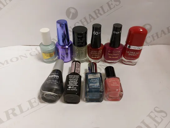 BOX OF APPROX 10 NAIL ITEMS TO INCLUDE MAX FACTOR XPRESS QUICK DRY, MAX FACTOR GEL POLISH, MAX FACTOR MIRACLE PURE VEGAN POLISH