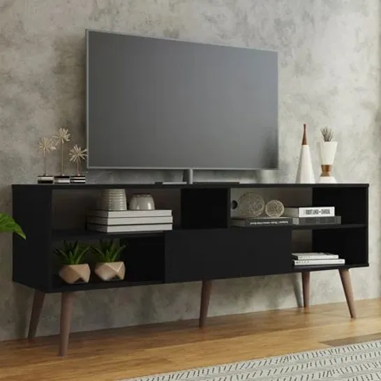 BOXED MADESA MODERN TV STAND WITH 1 DOOR AND 4 SHELVES FOR TVS UP TO 65 INCHES - BLACK (1 BOX)