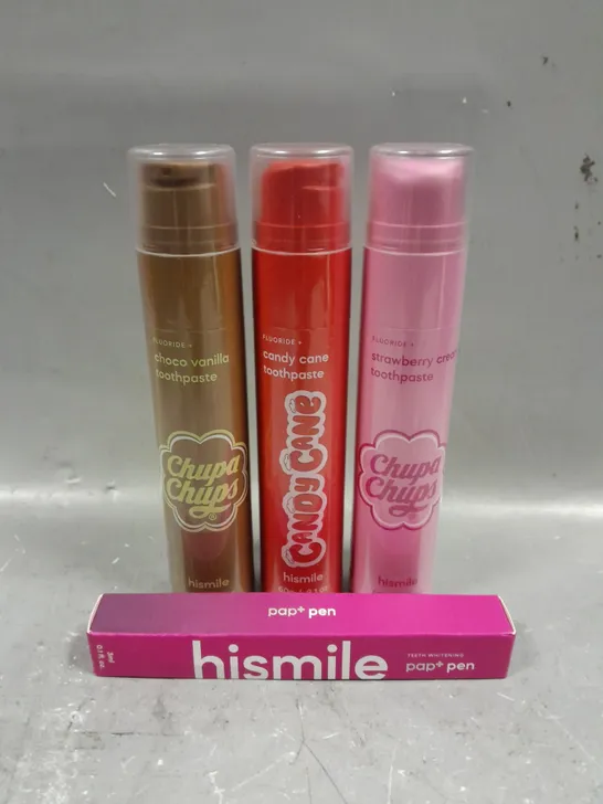 4 HISMILE PRODUCTS TO INCLUDE CANDY CANE TOOTHPASTE, CHUPA CHUPS TOOTHPASTE, TEETH WHITENING PEN, ETC 