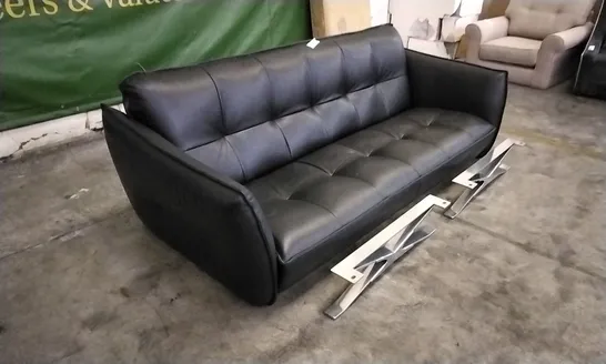 QUALITY ITALIAN DESIGNER SEVILLE BLACK LEATHER LARGE SOFA WITH CHROME LEGS