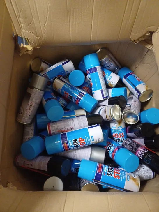 LARGE BOX OF ASSORTED CAR SPRAY PAINTS AND STAIN SPRAYS 