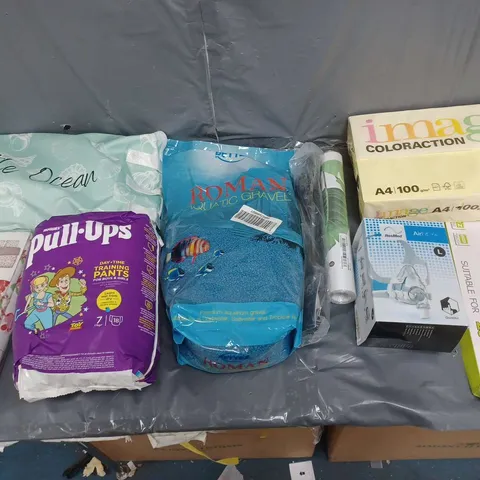 BOX OF APPROXIMATELY 15 ASSORTED HOUSEHOLD ITEMS TO INCLUDE FLAT TV WALL MOUNT, ROMAN AQUATIC GRAVEL, AND HUGGIES PULL-UPS ETC. 