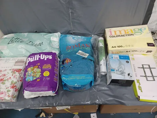 BOX OF APPROXIMATELY 15 ASSORTED HOUSEHOLD ITEMS TO INCLUDE FLAT TV WALL MOUNT, ROMAN AQUATIC GRAVEL, AND HUGGIES PULL-UPS ETC. 