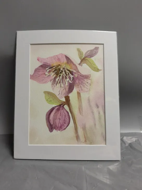 FRAMED SMALL WATERCOLOUR FLORAL PAINTING IN PINK HUES SIGNED CA