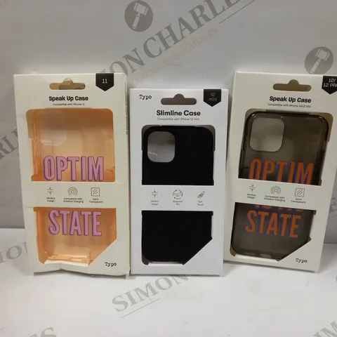 BOX OF APPROXIMATELY 50 TYPO PHONES CASES ('SLIMLINE CASE' & 'SPEAK UP CASE') FOR IPHONE 11, 12 MINI, 12/12PRO IN VARYING COLOURS