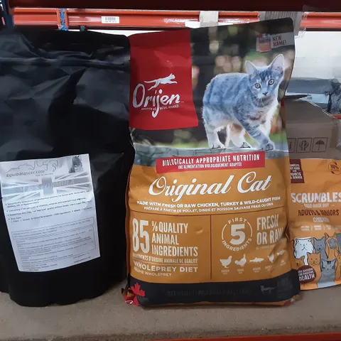 TOTE OF PET SUPPLIES INCLUDING ORIJEN ORIGINAL CAT FOOD, SCRUMBLES ADULT & SENIORS CAT FOOD CHICKEN, M&S FORMULA FOR HORSES  