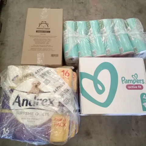 PALLET OF ASSORTED ITEMS INCLUDING MAMA BEAR ULTRA DRY NAPPIES, ANDREX FAMILY PACK, PAMPERS NAPPIES, ELEGANCE CLOUDSOFT TOILET PAPER 