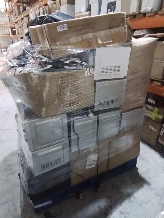 PALLET OF ASSORTED HOUSEHOLD ITEMS TO INCLUDE VARIOUS MICROWAVES, TV AERIALS AND KETTLES