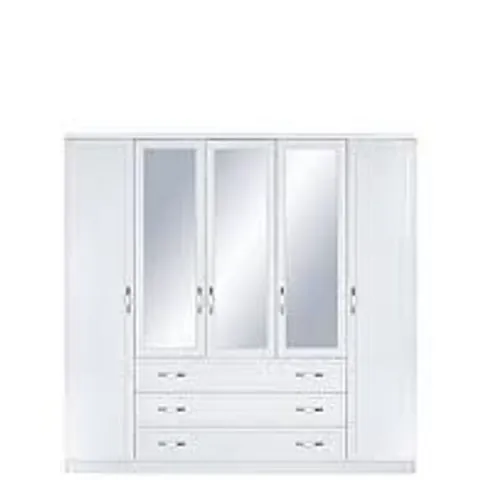 BOXED CAMBERLEY WHITE 5 DOOR 3 DRAWER MIRRORED WARDROBE (2 OF 3 BOXES ONLY, ONE MISSING)