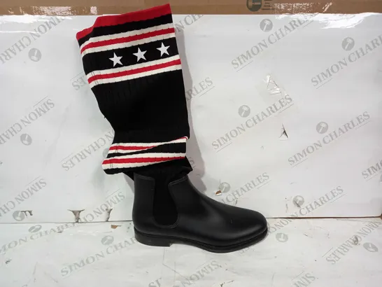 BOXED PAIR OF GIVENCHY THIGH HIGH SOCK BOOTS IN BLACK/RED/WHITE WITH STAR PATTERN SIZE UNSPECIFIED