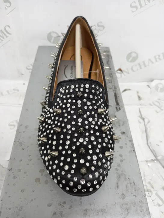 FLAT HEELED BLACK SATIN SPIKEY SHOE SIZE 4