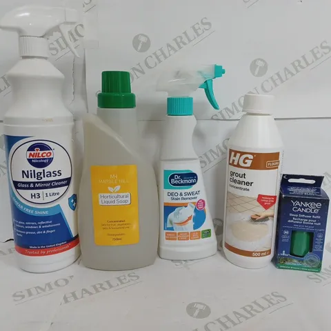 BOX OF APPROX 10 ASSORTED LIQUIDS TO INCLUDE - NILGLASS - LIQUID SOAP - GROUT CLEANER ETC